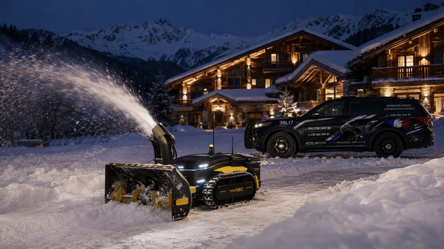 Robot de déneigement près d’un chalet